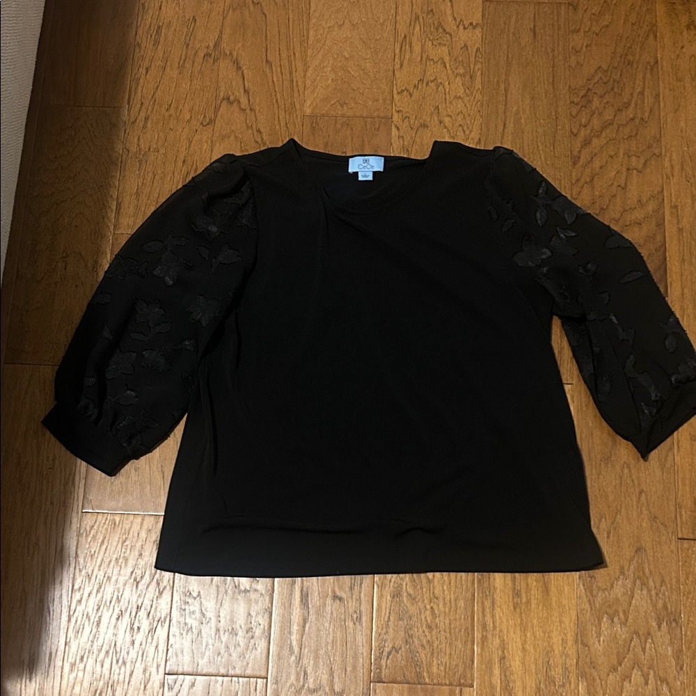 CeCe Black Blouse with Sheer Floral Sleeves